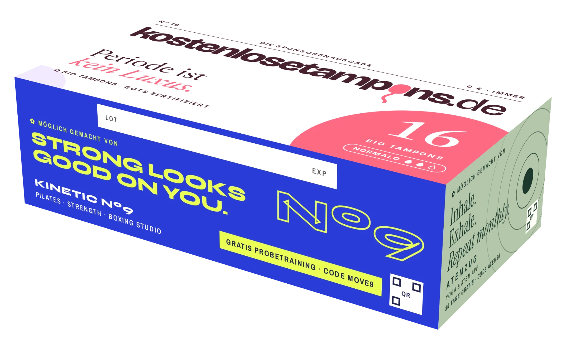Gebrandete Box mit 16 kostenlosen Bio-Tampons; Beispielmarken