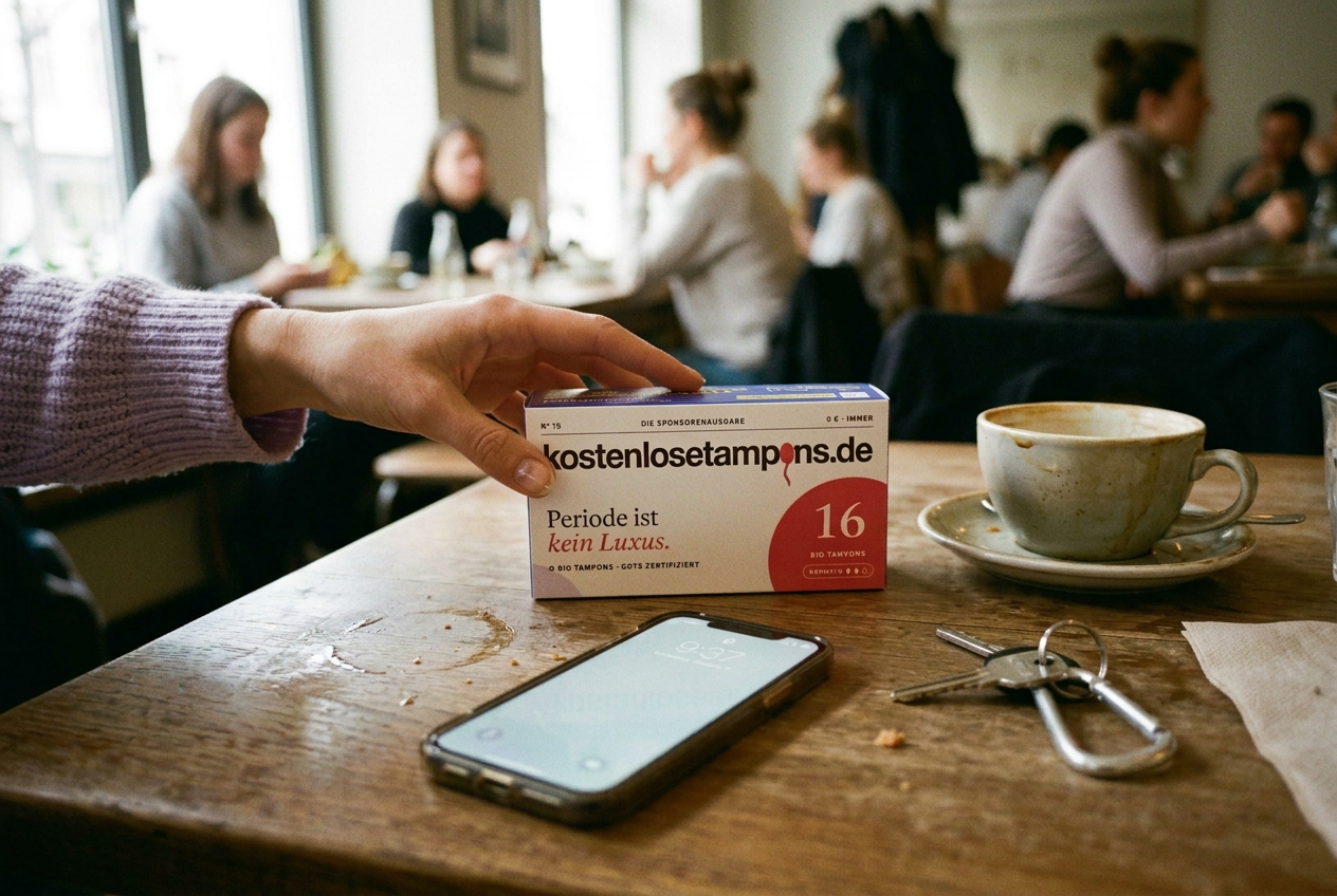 Eine Frau greift im Café nach der handtellergroßen kostenlosen Bio-Tampon-Box